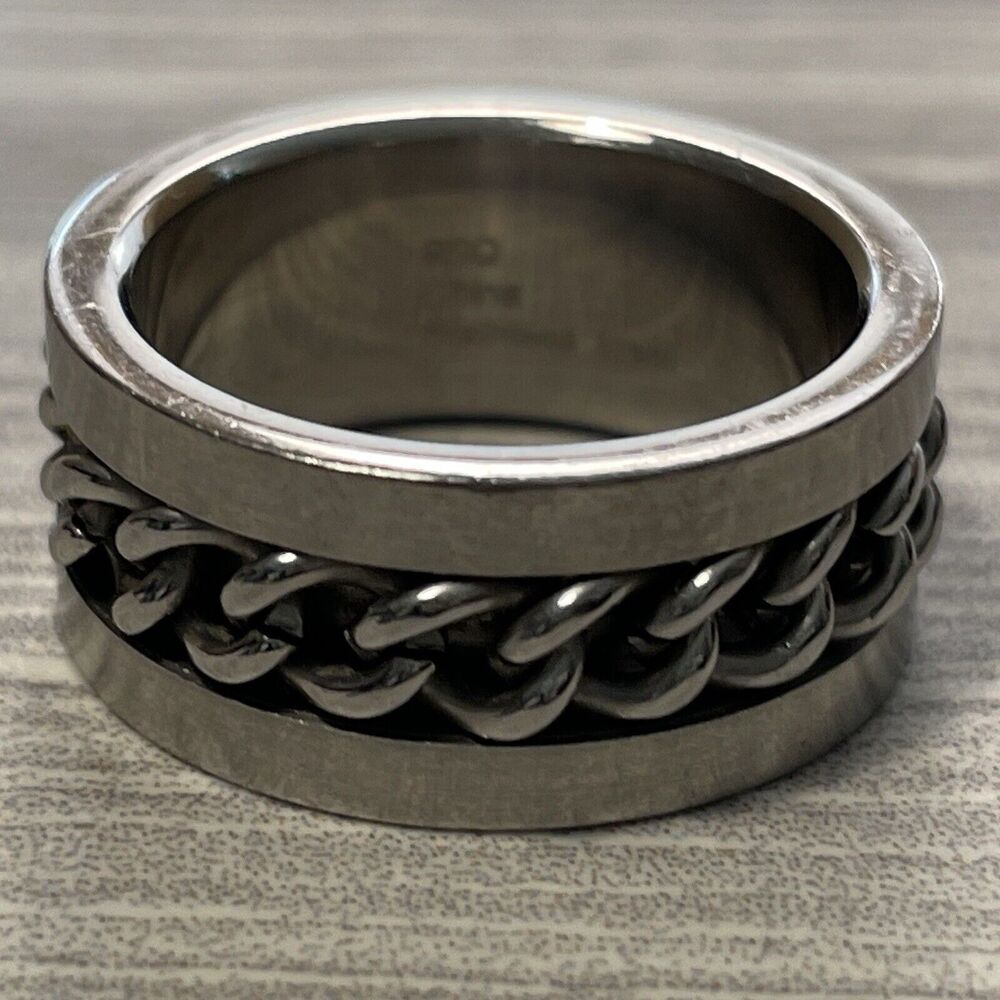 9SQ Stainless Steel Ring Size 9 Silver Color Curb Chain Spiner Band Unisex Ring